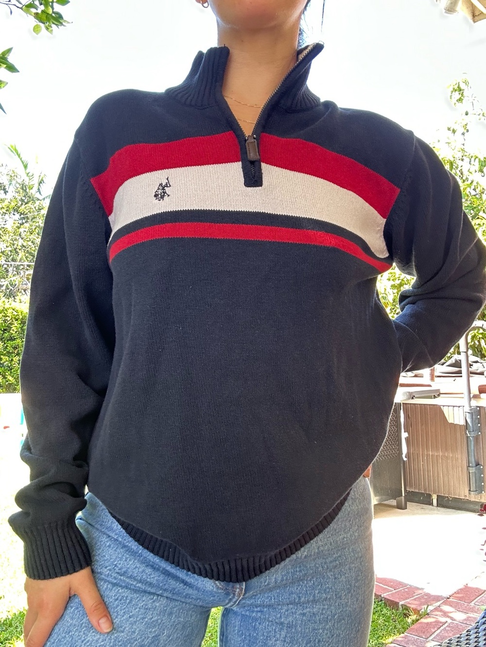 U.S. Polo Assn Navy Red White Striped Quarter Zip Sweater Men’s M